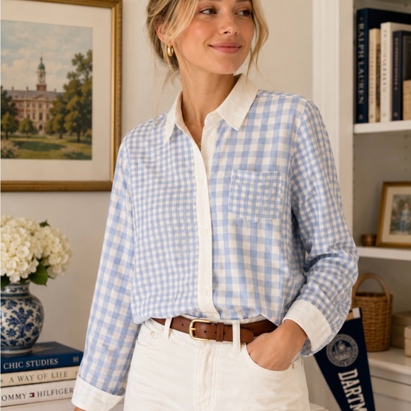 crown & ivy Tops - Crown & Ivy blue  & white Gingham Check white  Collared Long Sleeve Shirt